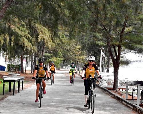 cyclists riding bike lane along beach