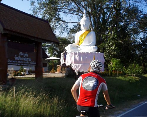 a cyclist pedaling past a statue of Buddha